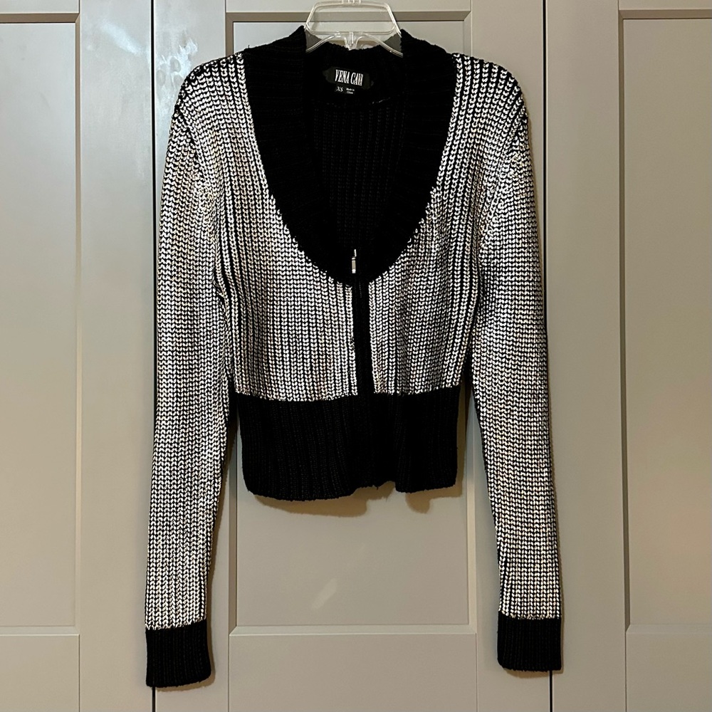 Vena Cava Silver Metallic Scoop Neck Cropped Chunky Knit Sweater Full Zip Sz XS